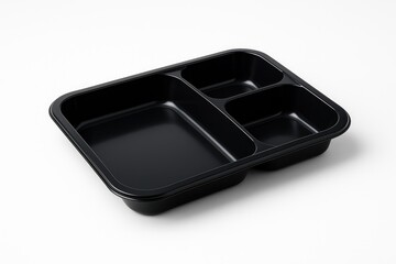 Black plastic serving tray placed on a white background