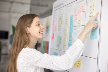 Happy young product owner woman preparing Kanban board with sticky notes, analyzing tasks scheduling, business model canvas, pointing finger at whiteboard, smiling, working on project management