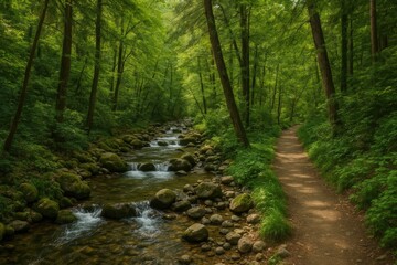 Obraz premium Scenic Trail Traversing Dense Wilderness and Kryos Potamos Stream