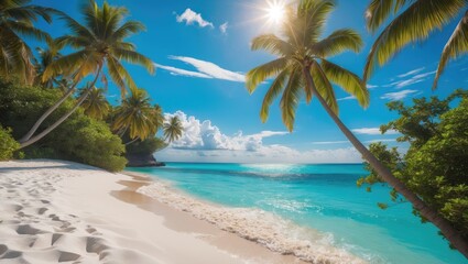 Tropical coastal retreat featuring soft sands, clear azure seas, and lush palms, an idyllic getaway destination