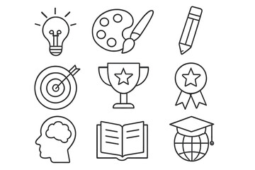 Education and success line icons set. Creativity, knowledge, achievement vector symbols. Lightbulb idea, trophy award, graduation cap, target goal, book learning, brain.