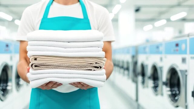 Person in apron holding stack of folded laundry in front of washing machines at laundromat area
