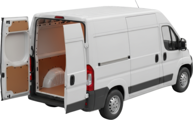 White cargo van with open rear doors showing interior paneling and cargo space isolate Vehicle Transportation transparent background