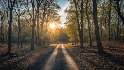 Obraz premium A walkable trail surrounded by trees with rays of sunshine breaking through