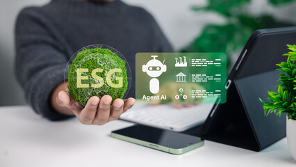 Hand holding ESG symbol with AI agent icons on tablet, representing sustainability, corporate governance, environmental responsibility, and digital technology integration.