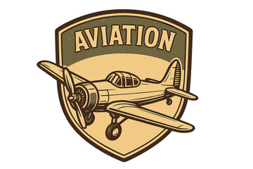 Vintage aviation emblem with a classic propeller airplane on a shield. Retro air force patch design, pilot club logo, or flight school icon. Historic military aircraft vector.
