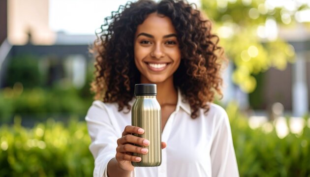 A smiling woman holding a bottle of green juice, promoting healthy lifestyle and wellness - Powered by Adobe