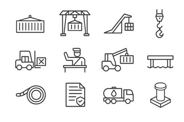 Industrial logistics icons: containers, cranes, trucks, and documents