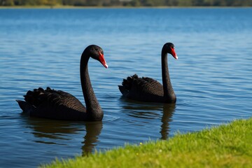 Obraz premium Graceful black swans drifting on a serene waterbody in a southwestern Australian wetland in springtime, exuding elegance and beauty.
