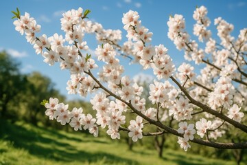 Fototapeta premium White-flowered almond tree branches in the spring season