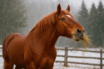 A horse of the Suffolk Punch breed is eating hay