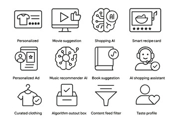 Ai technology icons: shopping, movie suggestions, personalized features