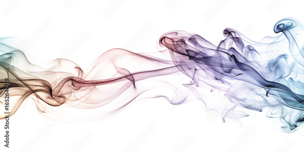 Poster colorful smoke swirls gracefully against a pristine white backdrop, creating an abstract and mesmeri