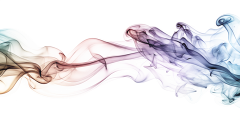 Colorful smoke swirls gracefully against a pristine white backdrop, creating an abstract and mesmerizing visual effect isolated on transparent background, perfect for adding a touch of artistry