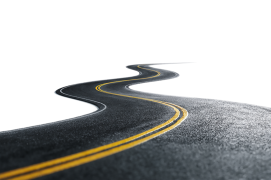 Curved asphalt road isolated on transparent background for transportation and travel related projects