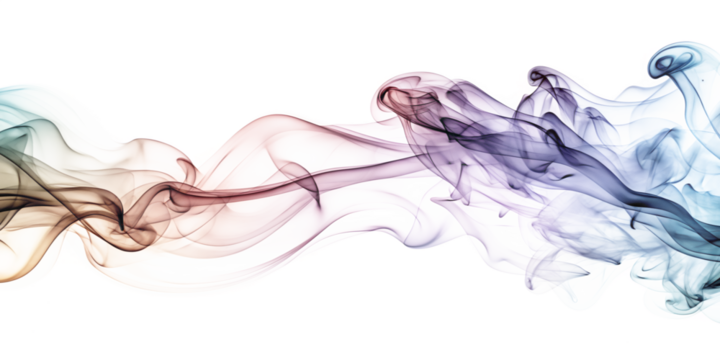 Colorful smoke swirls gracefully against a pristine white backdrop, creating an abstract and mesmerizing visual effect isolated on transparent background, perfect for adding a touch of artistry
