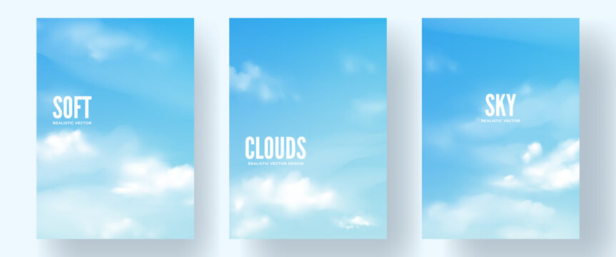 Set of realistic sky backgrounds. Bright blue skyscapes with soft white clouds. Vector templates for cover, poster, banner, flyer, leaflet.