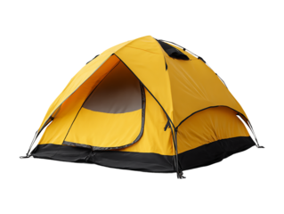 Yellow camping tent isolated on transparent background, perfect for outdoor adventures, travel, and recreational activities