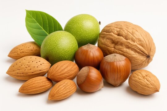 A variety of nuts such as almonds, hazelnuts, and green walnuts arranged on a plain white background