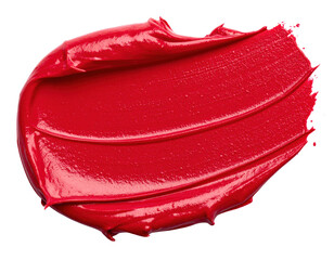 Thick textured smear of vibrant red lipstick with a glossy creamy finish.