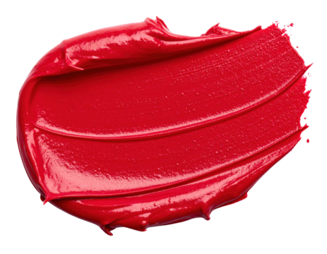Thick textured smear of vibrant red lipstick with a glossy creamy finish.