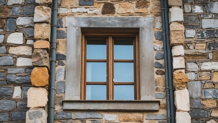 Obraz premium Upright view of a metal-framed window on a building facade