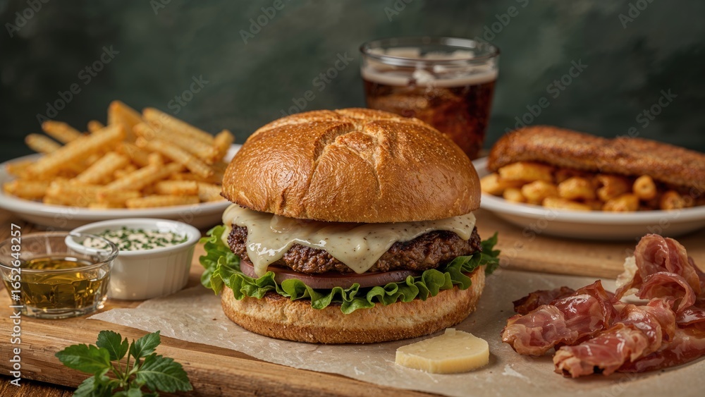 Poster burger with open-top brioche, topped with cream cheese and bacon, served with fries and sauces on a 