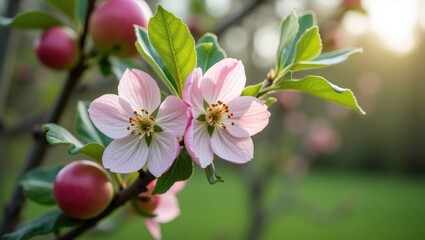 An apple tree branch in full blossom