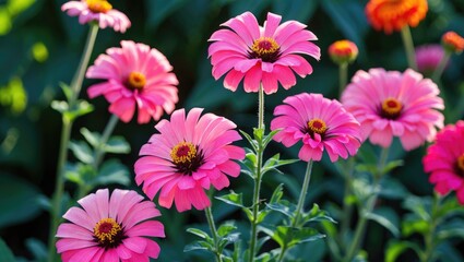 Close-up of radiant pink zinnia flowers glowing in the garden, with a vibrant floral background