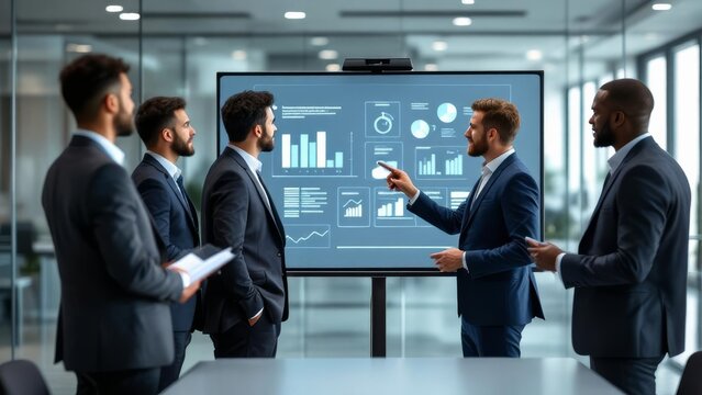 A business team analyzes data displayed on a large interactive screen during a presentation