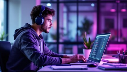 A focused young programmer codes late into the night headphones on lost in his work