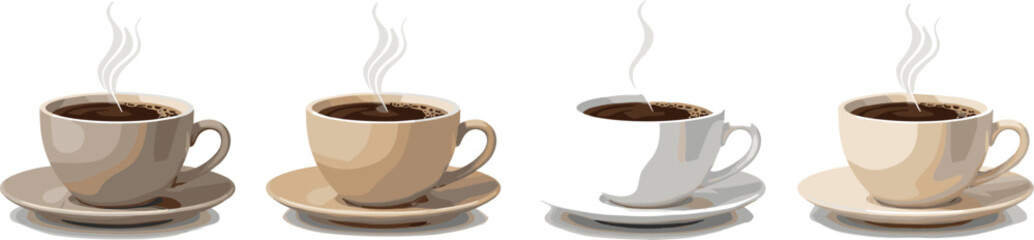 Steaming coffee cups, different shades, brown and white, saucers, hot beverage, morning drink, caffeine boost, breakfast, isolated, vector illustration