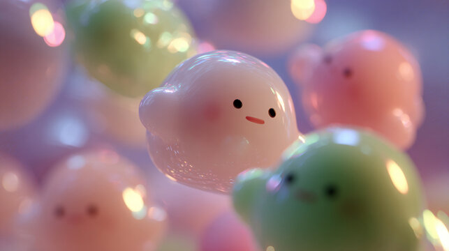 Adorable pastel-colored 3D blobs with kawaii-style faces floating in a dreamy, softly lit environment.
