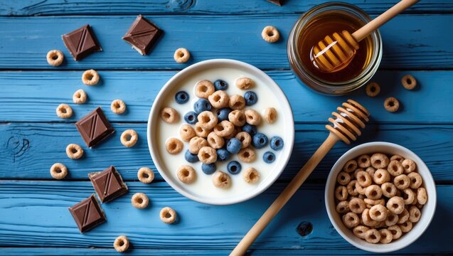 Cereal served with milk and honey on a blue wooden table