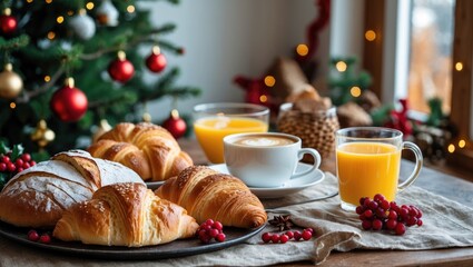 Holiday breakfast spread with baked goods, hot drinks, and fresh juice on a special day morning