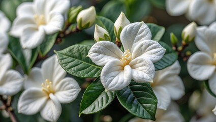 Obraz premium Detailed view of a pure white gardenia flower with a soft backdrop