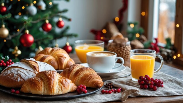 Holiday breakfast spread with baked goods, hot drinks, and fresh juice on a special day morning