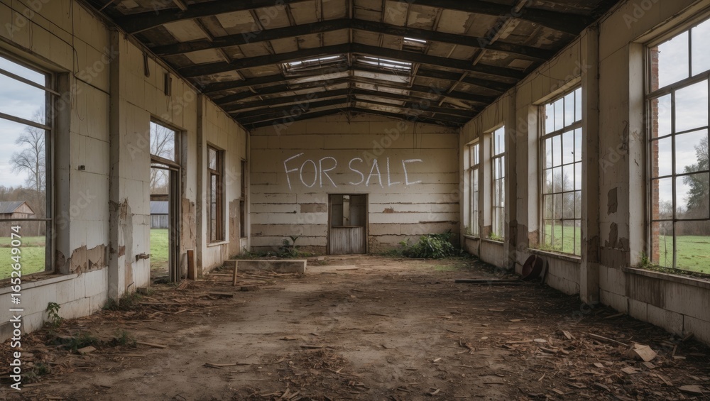 Poster old deserted rural structure displaying a for sale message