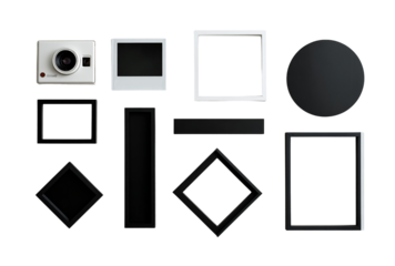 Collection of various photo frames, camera, and geometric shapes isolated on transparent background