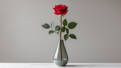 Fototapeta premium A solitary red rose with an extended stem placed in a stylish glass and ceramic holder against a neutral background