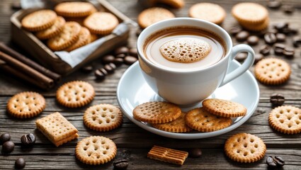 Table setting featuring biscuits, crackers, and a cup of coffee