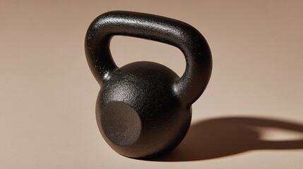 Minimalist photo of a black kettlebell casting a bold shadow on a beige surface under studio lighting