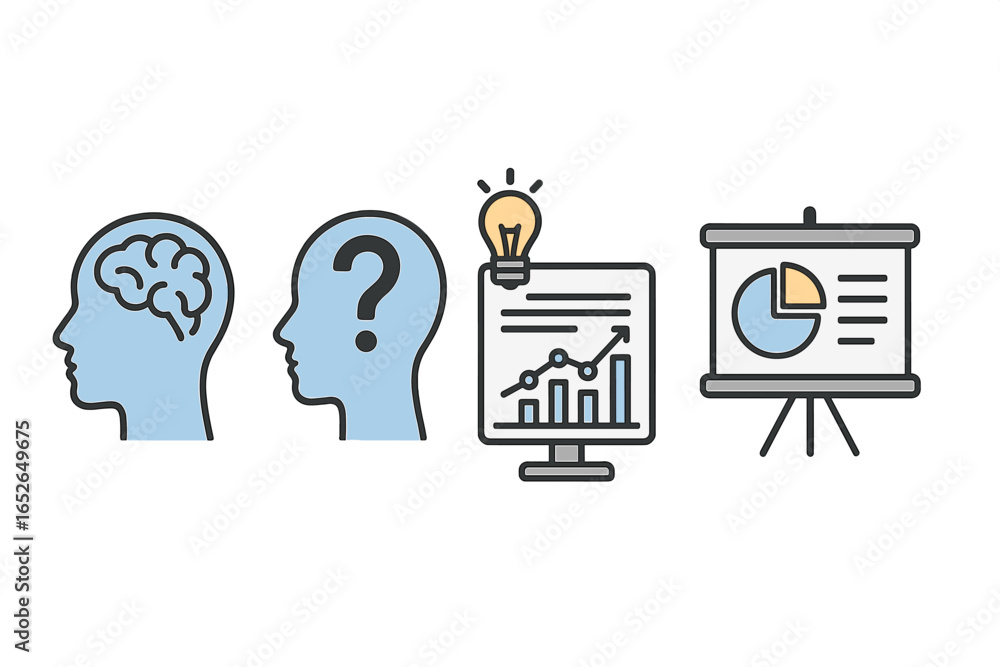 Poster business process workflow concept with flat icons. from problem and thinking to data analysis, solut