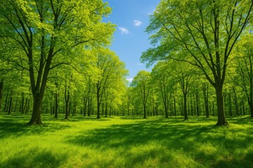 Fototapeta premium Scenic view of a verdant forest in spring, featuring a bright meadow and tall trees