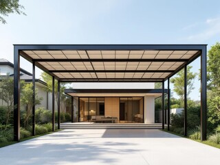 Modern home with sleek pergola and spacious outdoor patio