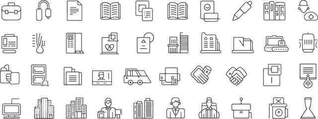 Business and office icon set, folders, briefcase, computer, employee, printer, badge, hourglass, pen, building, flat design, minimalistic, modern, outline, black and white
