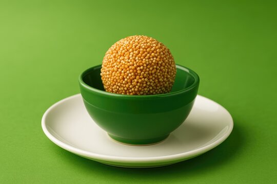 Traditional Amaranth and Cholai Laddu Presented in a Green Bowl Against a Green Backdrop