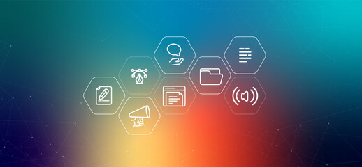 Press Kit or Media page section web header illustration with icons related to media and public relations media assets press releases and contact information for journalists