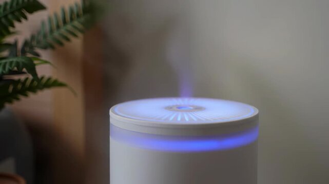 Aromatherapy diffuser releasing mist with blue light on table  