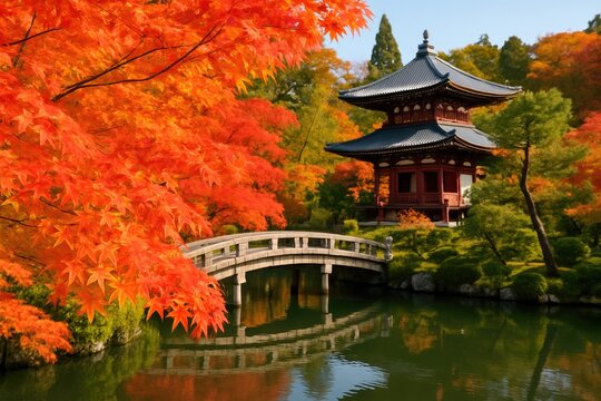 Colorful autumn leaves surrounding a traditional temple in an Eastern landscape